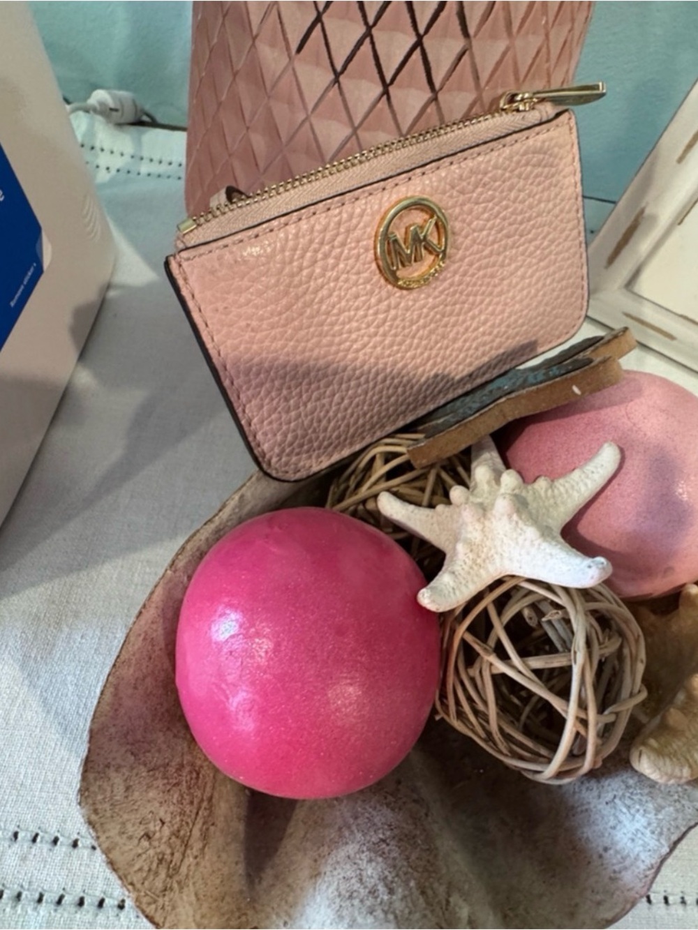 Michael Kors Blush Pink Pebbled Leather Zip Card Case with Gold MK Logo